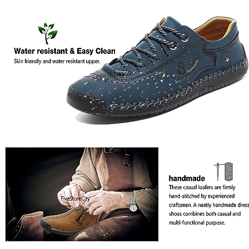 FiveStoresCity Mens Casual Shoes Summer Breathable Sneakers Loafers Walking Shoes Handmade Lace-Up Leather Dress Flats Shoes for Driving Business Working Office Blue Size 7.5