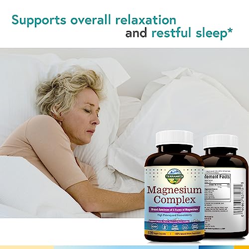 Terranics 5-in-1 Magnesium Complex Supplement 500mg - 5 Forms High Absorption Magnesium Glycinate Citrate Malate Aspartate Gluconate - Non-GMO 120 Vegan Magnesio Capsule for Sleep Muscle Heart Health