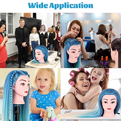 29.5 inch Mannequin Head with Hair, MYSWEETY Cosmetology Training Maniquins Head Synthetic Fiber Blue Hair Manikin Doll Head for Hair Styling Braiding Sytling with Clamp Holder + DIY Braiding Set