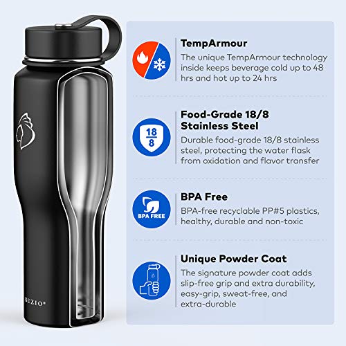 BUZIO Insulated Water Bottle Fits in Cupholder, Stainless Steel Tumbler with Straw Lid 32oz, Leak-proof BPA-Free Insulated Water Flask for Travel, Keeps Cold for 48H, Hot for 24H, Black