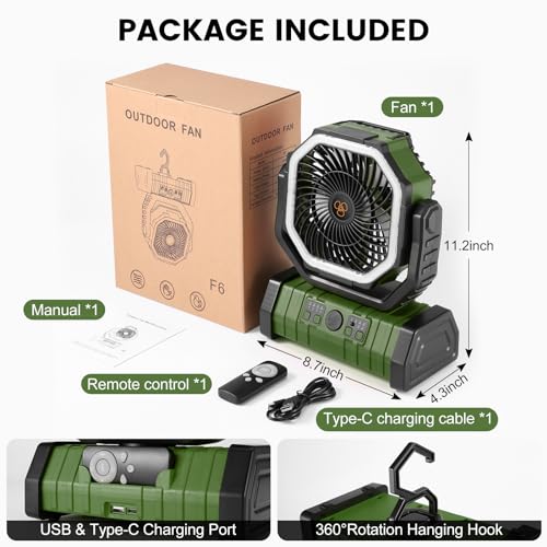 Odoland Portable Camping Fan with LED Light, 30000mAh Rechargeable Battery Operated Oscillating Fan with Remote & Hook, Outdoor Tent Fan with Timer, 4 Speeds for Power Outage Travel Jobsite, Green