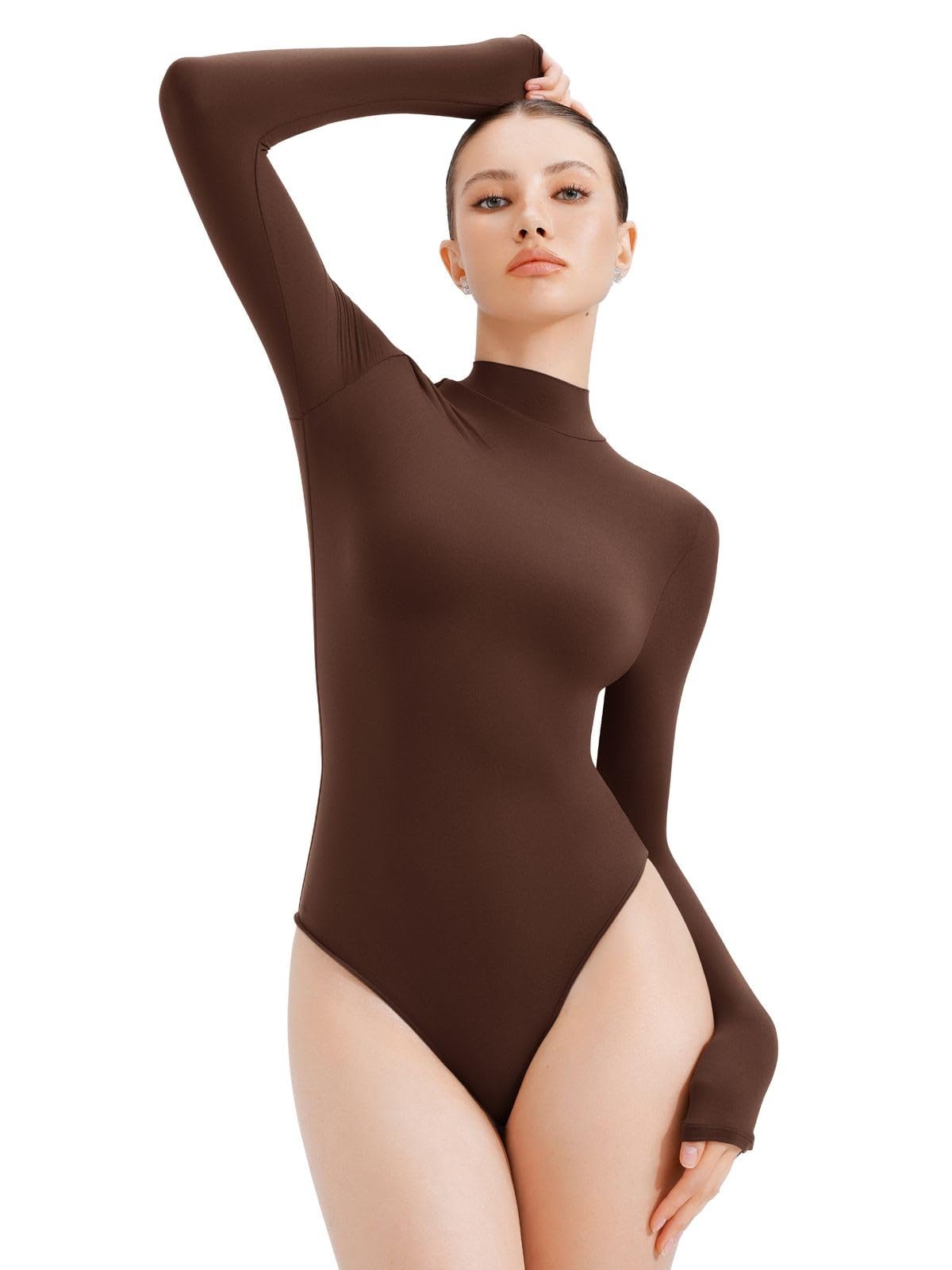 REORIA Women's Long Sleeve Bodysuits Mock Turtleneck Slim Tight Double Lined Basic Layering Body Suits Tops Fall Winter Outfits 2024(Brown Medium)