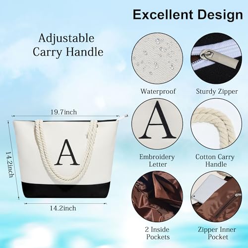 YOOLIFE Personalized Initial Beach Tote Bag, Waterproof Bag Beach Essentials Large Travel Bag for Women Teacher Appreciation Gifts Mom Gifts Unique Girlfriend Wife Grandma Gifts for Women Her Letter R