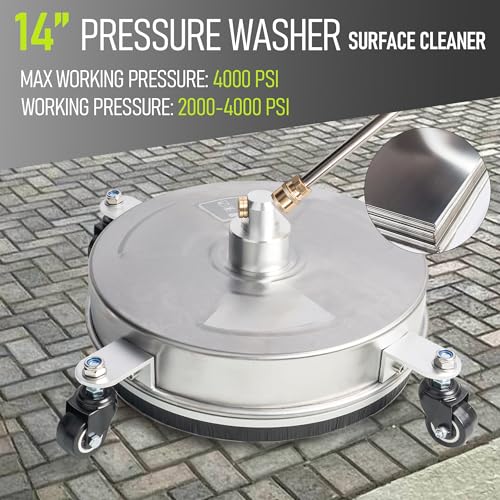 Hourleey 14" Pressure Washer Surface Cleaner, Stainless Steel Surface Cleaner with 4 Wheels for Concrete, Patio, Sidewalk, Deck, Pathway 1/4" Quick Connector, 2 Extension Wand, 4000 PSI