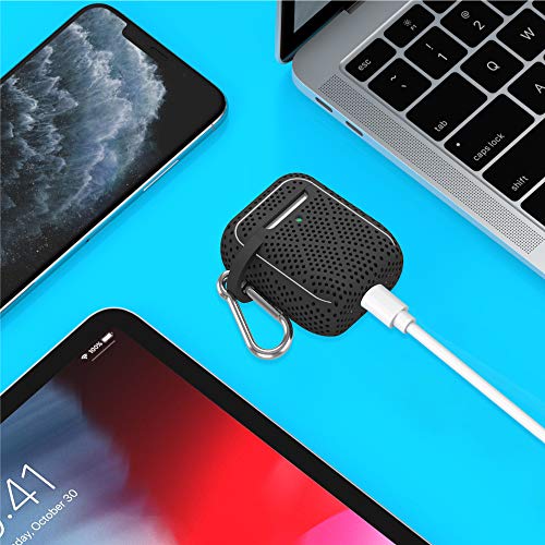 TALK WORKS AirPods Case Cover with Keychain - Protective Hard Silicone Skin for AirPods Keychain Case Clip Carabiner Wireless Charging Compatible with Apple Air Pod Carrying Case Series 1 & 2-Black