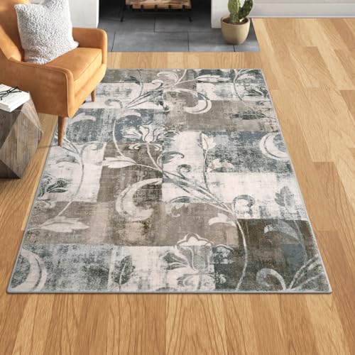 Lahome Modern Geometric Area Rug Washable, 4x6 Area Rug for Bedroom Farmhouse Patchwork Floor Carpet for Living Room Kitchen, Low Profile Office Throw Rug Non Slip for Entryway, Beige