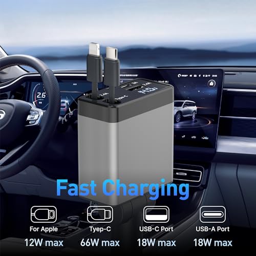 Retractable Car Charger, 4 in 1 Fast Car Phone Adapter 66W, Retractable Cables and USB Car Charger,Compatible with iPhone 15/14/13/12/11/10,iPad,Galaxy and Multiple Devices,Pixel (Grey)