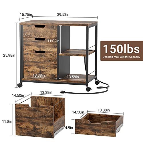 Himusi File Cabinet, Filing Cabinets for Home Office with Lock and USB Charging Port, 3 Drawer Wood File Cabinets for A4/Letter Size, Printer Stand with Storage