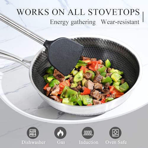 Vinchef Stainless Steel Wok Pan with Glass Lid 12 Inch Nonstick Stir Frying Pan Induction Compatible and Dish Washer Safe