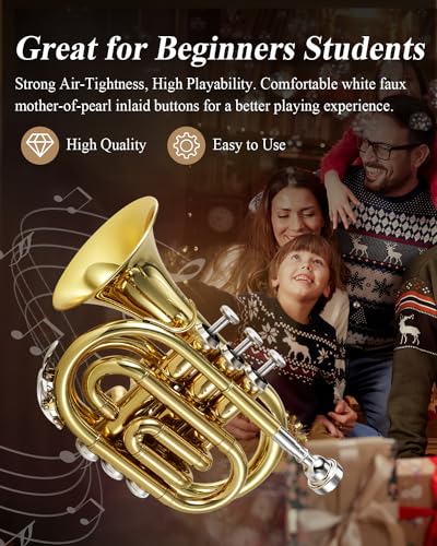 Eastar Pocket Trumpet B Flat Brass Bb Pocket Trumpet with Mouthpiece 7C, Cleaning Cloth, Hard Case, Gloves, Full Kit, Gold Lacquer, ETR-330