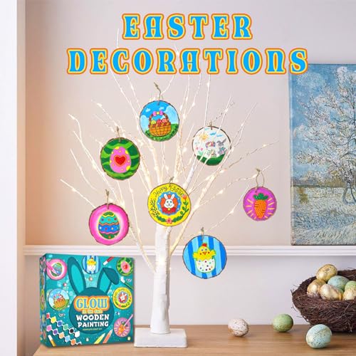 klmars Easter Wooden Painting Kit-Glow in The Dark-Easter Arts Crafts Gifts for Kids Boys Girls Ages 5-12-Wood Slices Painting Kits - Creative Easter Decorations and Tree Ornaments