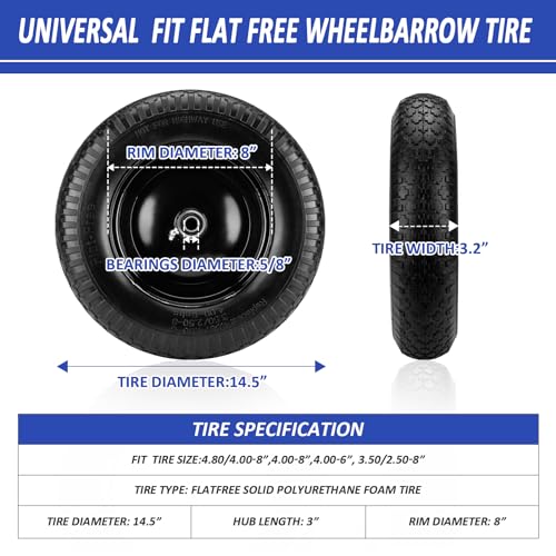4.80/4.00-8" Flat Free Tire and Wheel 14.5" Wheelbarrow Tire,with 5/8" Axle Bore Hole,3"Center Hub and 3/4" Bearings,Universal Replacement Solid Tire for Hand Truck/Utility Cart/Garden Cart
