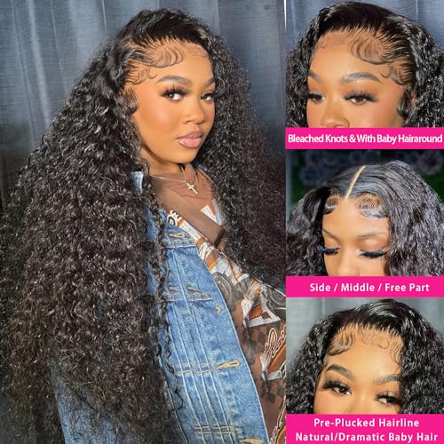 13x6 Deep Wave Lace Front Wigs Human Hair Pre Plucked Deep Curly HD Transparent Lace Frontal Wigs Human Hair 180% Density Wigs for Women Human Hair Glueless with Baby Hair Natural Color (22 Inch)