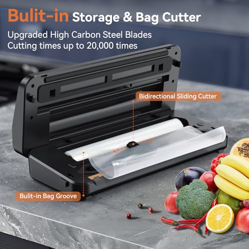 Pyukix Vacuum Sealer Machine, Food Sealer Machine 80KPA Fully Automatic 8-IN-1 Food Saver for Dry/Moist Mode with Build-in Cutter&Storage, Air Suction Hose, Digital Countdown, Bag Roll, 11 Vacuum Bags