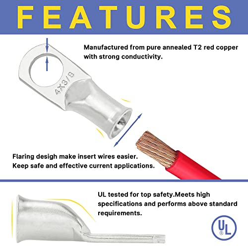 haisstronica 10pcs 4 AWG - 1/2" (M12) Tinned Copper Battery Lugs, Heavy Duty Copper Wire Lugs with 10pcs 3:1 Adhesive Heat Shrink Tubing, 4 Gauge Wire Lugs, Tinned Copper Battery Cable Ends