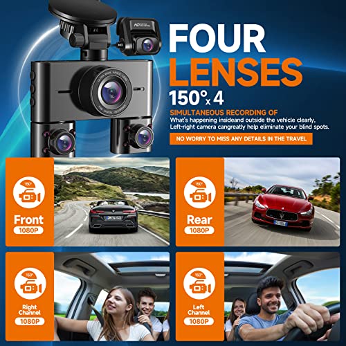 360 Dash Cam Front and Rear Inside, 4 Channel Dash Camera for Cars FHD 1080Px4, Built-in Wi-Fi, 3.16” IPS Screen, WDR Night Vision, Included 64GB Card, 24H Parking Mode
