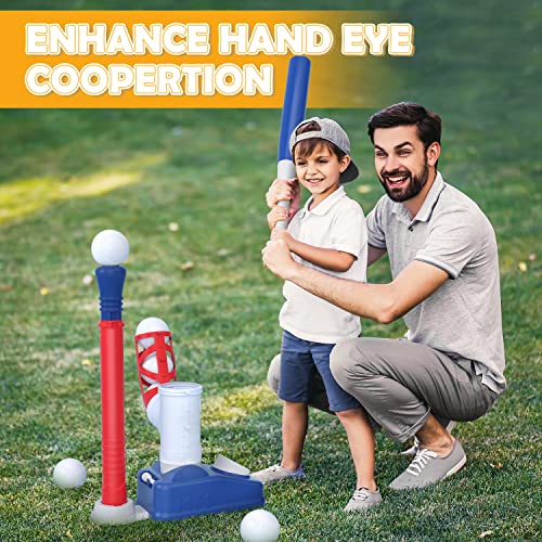 EagleStone 2 in 1 T Ball Set for Kids 3-5, Tee Ball Set for Toddlers with Step on Pitching Machine, Adjustable Batting Tee, Tball Bat and 6 Balls, Outdoor Baseball Christmas Toy Gift for Boys & Girls