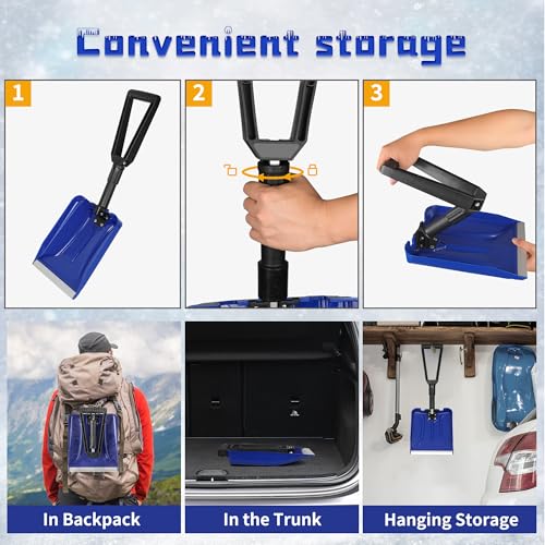 ORIENTOOLS Folding Snow Shovel with D-Grip Handle and Durable Aluminum Edge Blade, Emergency Snow Shovel for Car, Truck, Recreational Vehicle, etc.(Blade 9")