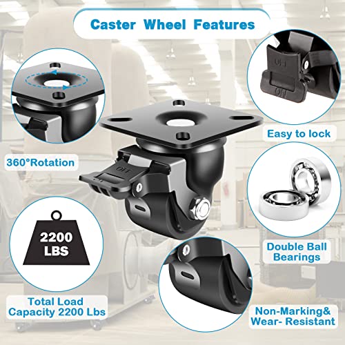 Nefish 2-Inch Heavy Duty Casters Set of 4, Industrial Grade Castors Wheels 2200 LBS, Low Gravity Plate Swivel Caster with Brake, Durable & Corrosion-Resistant Nylon Wheels for Industrial, Equipment