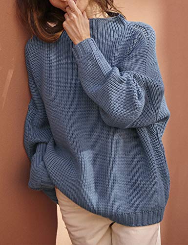 Ugerlov Women's Oversized Sweaters Batwing Sleeve Mock Neck Jumper Tops Chunky Knit Pullover Sweater (Blue, S/M)