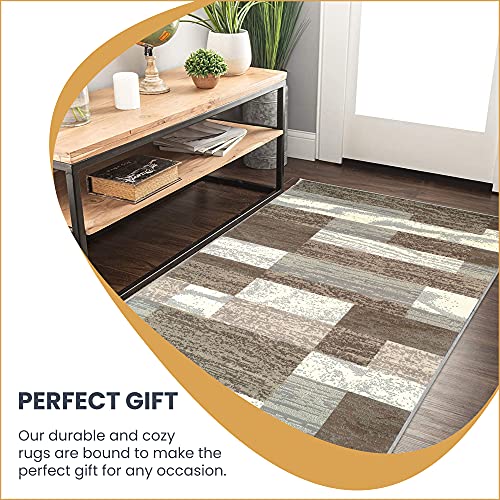 Superior Modern Rockwood Collection Area Rug, 8mm Pile Height with Jute Backing, Textured Geometric Brick Design, Anti-Static, Water-Repellent Rugs - Light Blue & Ivory, 5' x 8' Rug