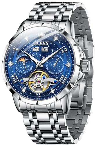 OLEVS Mens Automatic Watches Self-Winding Starry Sky Diamond Skeleton Luxury Wrist Watch Waterproof Luminous