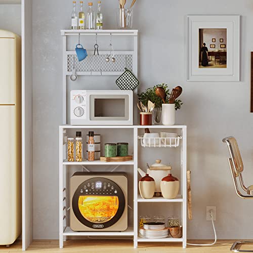 IRONCK Bakers Rack, Microwave Stand with Power Outlet, Industrial Coffee Bar with Wire Drawer for Kitchen, Living Room Easy Assembly, Space-Saving, Vintage Brown
