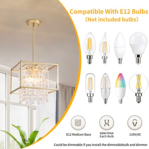 Ejerlya Gold Crystal Chandelier Industrial Pendant Light 11.81 inch Square 4 Lights Modern Vintage Semi Flush Mount Ceiling Light Fixture for Kitchen Island Dining Room Living Room Bedroom