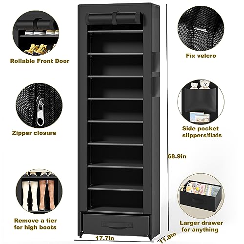 OYREL Shoes Rack 10 Tier Tall Shoe Rack Narrow Shoe Rack with Storage Box,Fabric Covered Shoe Rack,Metal Shoe Rack Organizer,Shoe Racks for Closets,Stackable Shoe Rack,Shoe Stand,Shoe Shelf Storage