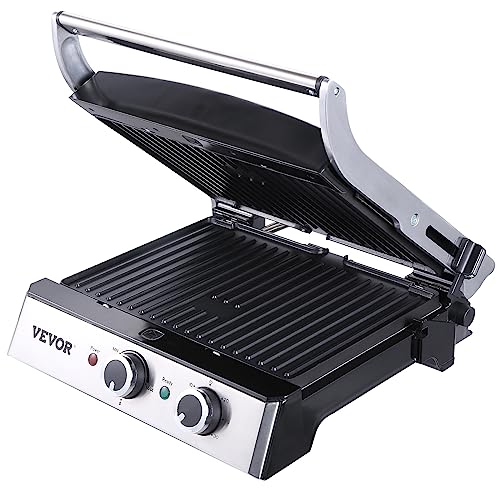 VEVOR Electric Contact Grills, 1500W Indoor Countertop Panini Press Griddle, Sandwich Maker with Non Stick,2 Reversible Iron Cooking Plates,0-446℉ Adjustable Temperature Control,Timer Function,120V