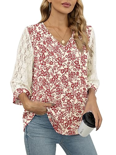 QUEZHU Blouses for Women 3/4 Sleeve V Neck Business Casual Blouse Elegant Dressy Chiffon Work Blouse,Floral White,Small