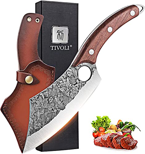 TIVOLI Meat Cleaver Knife, Hand Forged Full Tang Butcher knife for Meat Cutting, High Carbon Steel Viking Knife with Sheath for Kitchen Outdoor Camping BBQ Father's Day Christmas Gift Men Women