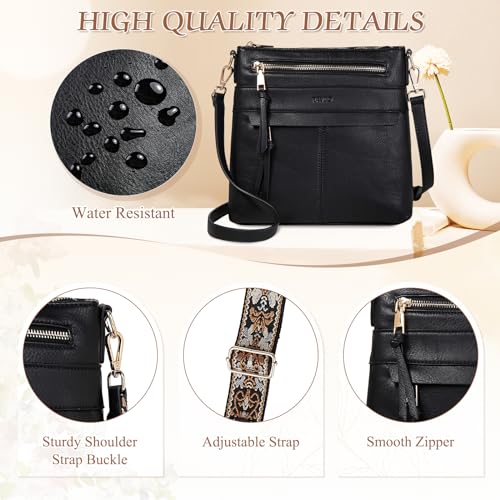 RAVUO Crossbody Bags for Women, Vegan Leather Shoulder Purse Ladies Casual Wallet Satchel with 2 Detachable Straps Black