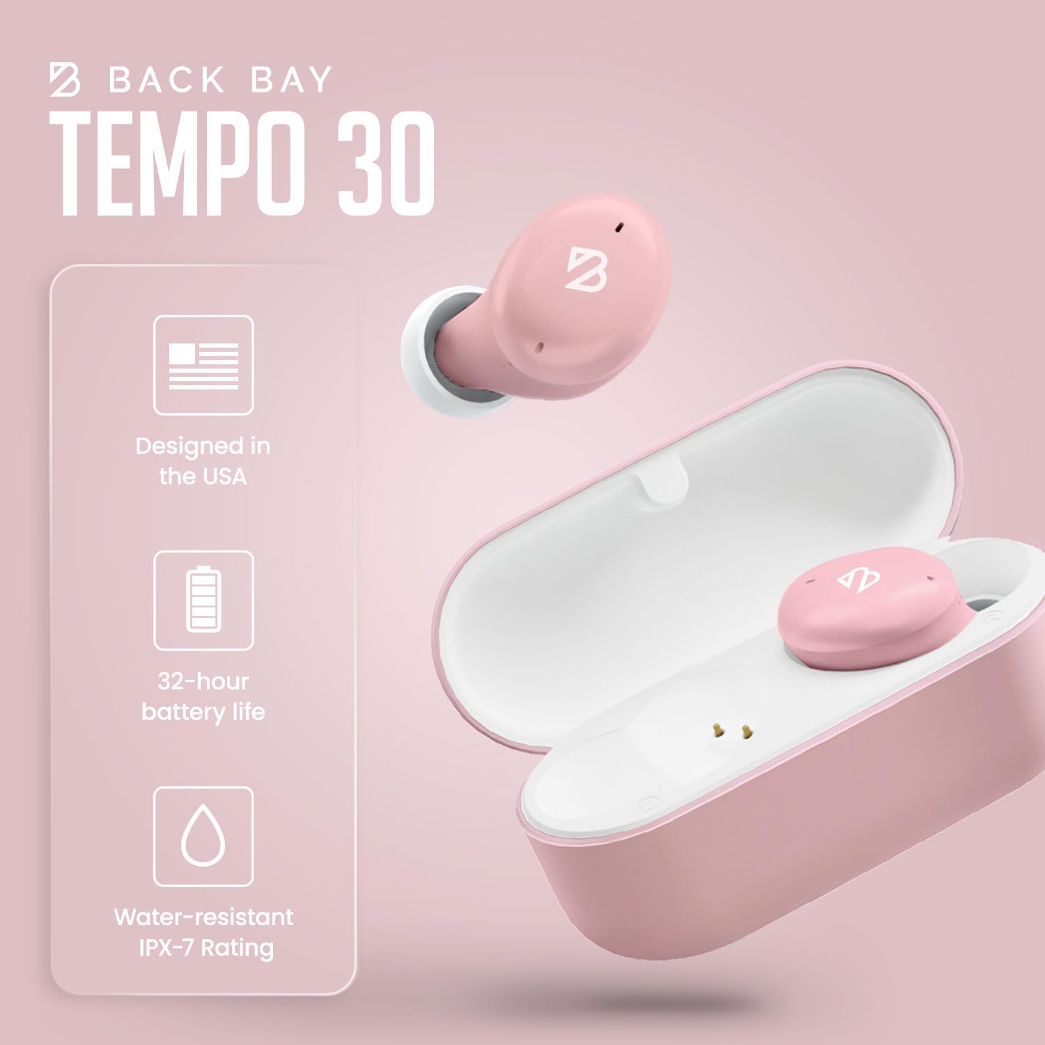 Back Bay Audio Tempo 30 Wireless Earbuds for Small Ears - Award-Winning Sound, Sweatproof Bluetooth Earbuds, Comfortable Ear Buds for Women, Pink Earphones Small Ear Canals, Long Battery Headphones