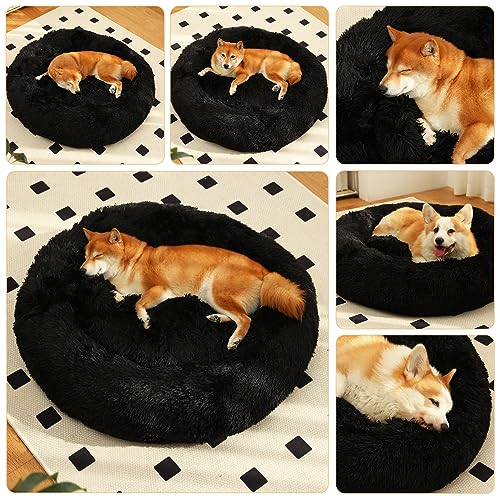 Kimpets Dog Bed Calming Dog Beds for Small Medium Large Dogs - Round Donut Washable Dog Bed, Anti-Slip Faux Fur Fluffy Donut Cuddler Anxiety Cat Bed(20"/27"/35") (Small, Black)