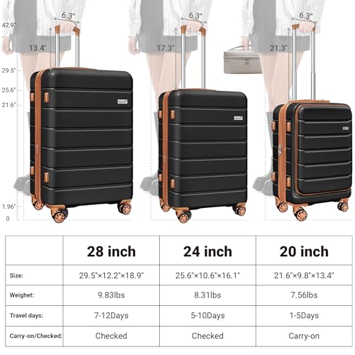 KEYTANG SmileLine Hardside Expandable Luggage W/Quick Access Front Open Pocket Lightweight Carry-on with Makeup Bag, Black, 3 Piece Set