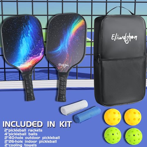 Eliwdshen Fiberglass Pickleball Paddles Lightweight Pickleball Set of 2, 4 Pickleball, Portable Carry Bag for Beginners