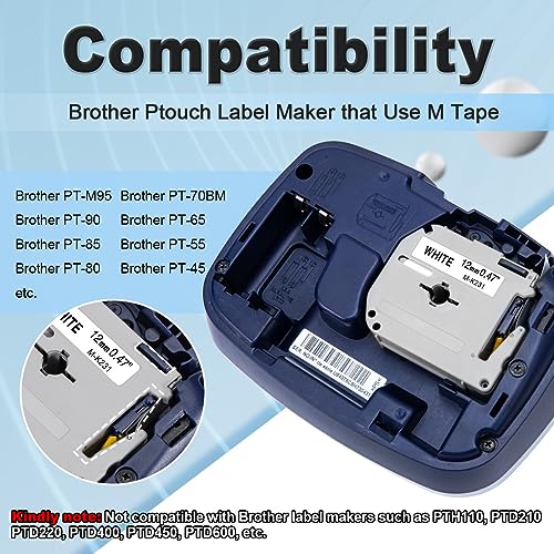 Labelife M-K231 Compatible Label Tape Replace for Brother P Touch M Tape M231 MK231 M-231 M-K231S 12mm 0.47 Inch for Brother PTouch PT-M95 PT-65 PT-80 PT-70 PT-45 Label Makers, Black on White, 4 Pack