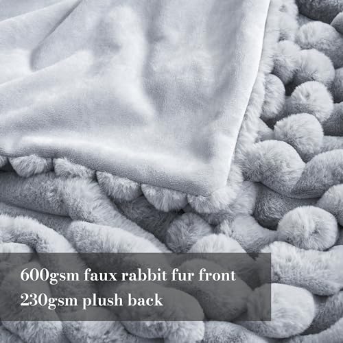 Amélie Home Faux Fur Throw Blanket for Couch, Rabbit Fur Warm Luxurious Soft Striped Cozy Fluffy Plush Gift Blankets for Family Sofa Chair Bed Living Room,Light Grey,60 x 80 inch