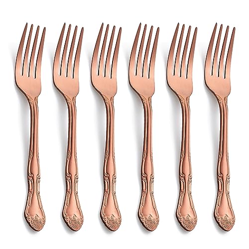 Matte Rose Gold Dessert Forks, FULLYWARE Stainless Steel Satin Finish Forks Silverware Salad Fork Set of 6, Rose Pattern Design, Dishwasher Safe