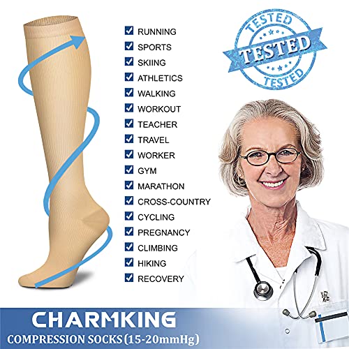 CHARMKING Compression Socks for Women & Men Circulation (3 Pairs) 15-20 mmHg is Best Athletic for Running, Flight Travel, Support, Cycling, Pregnant - Boost Performance, Durability (S/M, Nude)