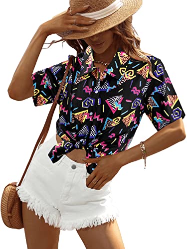 80s 90s Outfits for Women Retro Theme Party Disco Shirt 80s Hawaiian Shirt Neon Button Down Short Sleeve Blouse Tops