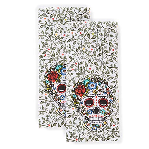 Fiesta Skull & Vine Kitchen Towel Set, 16"x28",Cotton, Black & White
