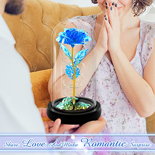 Christmas Rose Gifts for Women,Blue Colorful Artificial Flower,Xmas Rose Flowers Gift for Mom Her,Light Up Rose Flower in Glass Dome,Women Birthday Gifts Ideas for Her,Womens,Mom