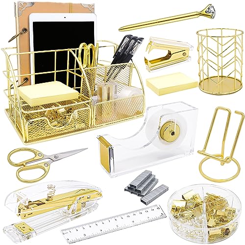 YOLOZAI 17PCS Office Supplies and Accessories Set Desk Accessories, Notebook, Acrylic Stapler, Staple Remover, Tape Dispenser, Clips, ID Roller, Scissor, Utility Knife, Phone Holder, Pen, Pen Holder