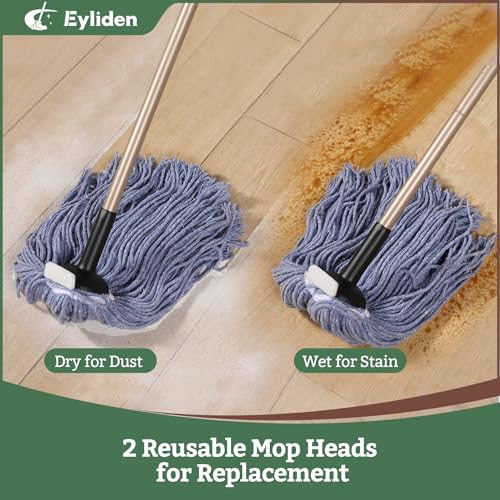 Eyliden String Mop with 2 Reusable Heads, Non-Touch Replacement Mops for Floor Cleaning, 4 Scouring Pads Adjustable Handle Floor Mop, Wet and Dry Cotton Mop for Any Surfaces, Commercial Home, Blue