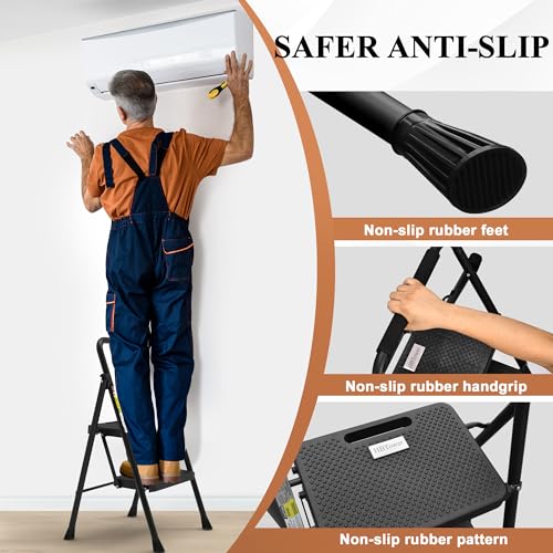 HBTower 2 Step Ladder, Folding Step Stool with Wide Anti-Slip Pedal, Sturdy Steel Ladder, Convenient Handrail, Lightweight, Portable Steel Step Stool