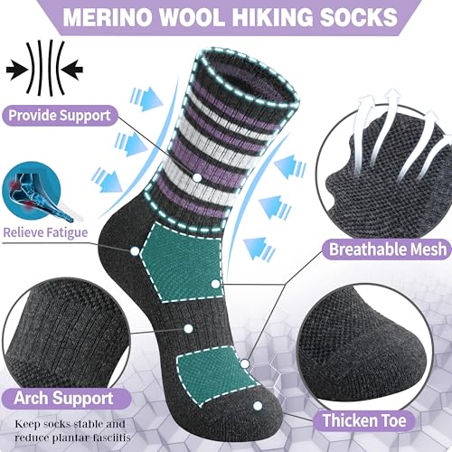 EBMORE Womens Merino Wool Hiking Socks Thermal Warm Winter Boot Crew Cushion Work Gift Socks 5 Pairs(Striped-A,M)