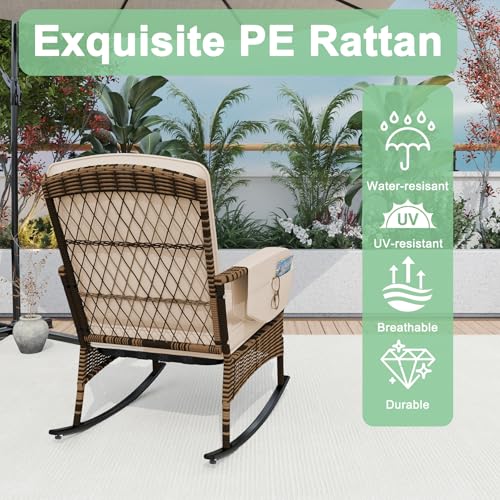 CIRMUBUY 3-Piece Patio Furniture Set,Outdoor Rocking Chairs Set of 2, Patio Conversation Set with 2 Wicker Chairs with Rattan Coffee Table and Cushions for Garden,Porch,Backyard, Bistro (Beige)