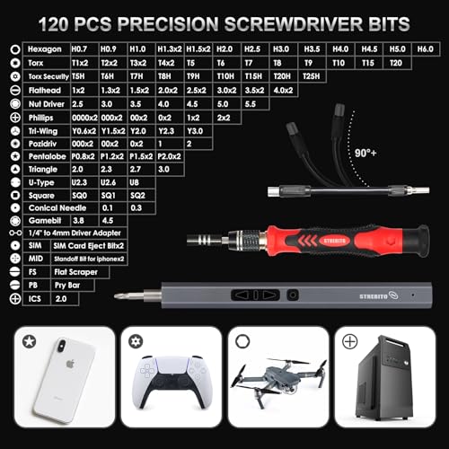 STREBITO Mini Electric Screwdriver Set 144-Piece Electric Precision Screwdriver, 3.7V Power Screwdriver Cordless, Rechargeable Small Electric Screwdriver Kit, PC Electronic Phone RC Drone Repair Tool